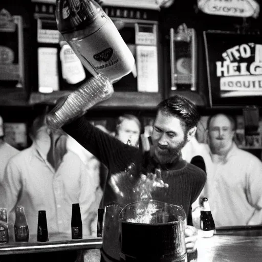 William Luby pouring a bucket full of beer on his own head at a pub