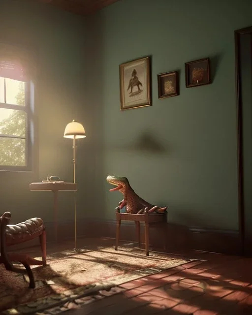 Room scene with alligator sleeping, Wes Anderson styler, realistic image, concept art, smooth, unreal engine 5, god lights, ray tracing, RTX, lumen lighting, ultra detail, volumetric lighting, 3d.