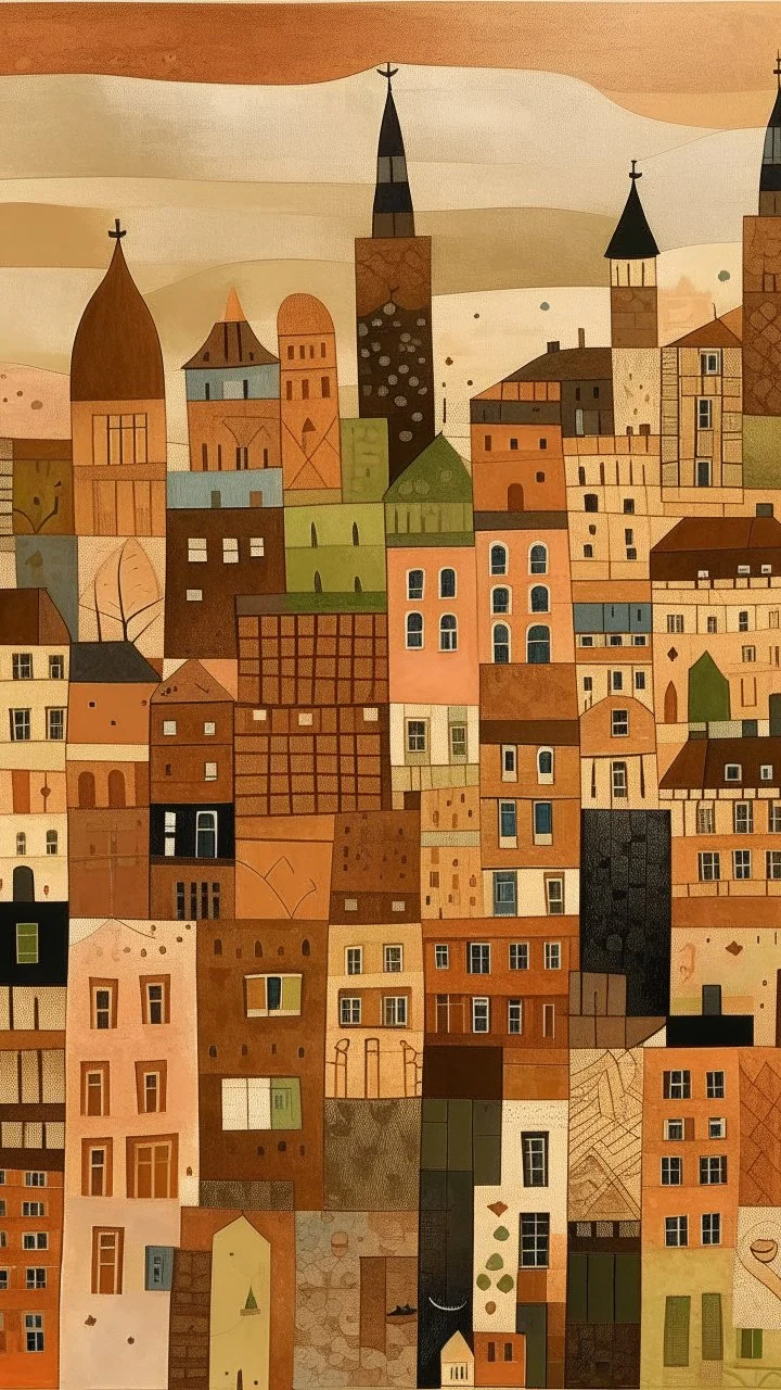 A brown city with blocky buildings designed in Scandinavian folk art painted by Paul Klee