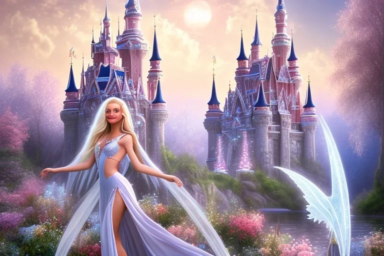 castle in background, beautiful, soft, big smiling, straight and long blonde hair, blues eyes, dewy and shiny atmosphere, diamond crown, long fairy wings in the back, full head, pink veil clothes