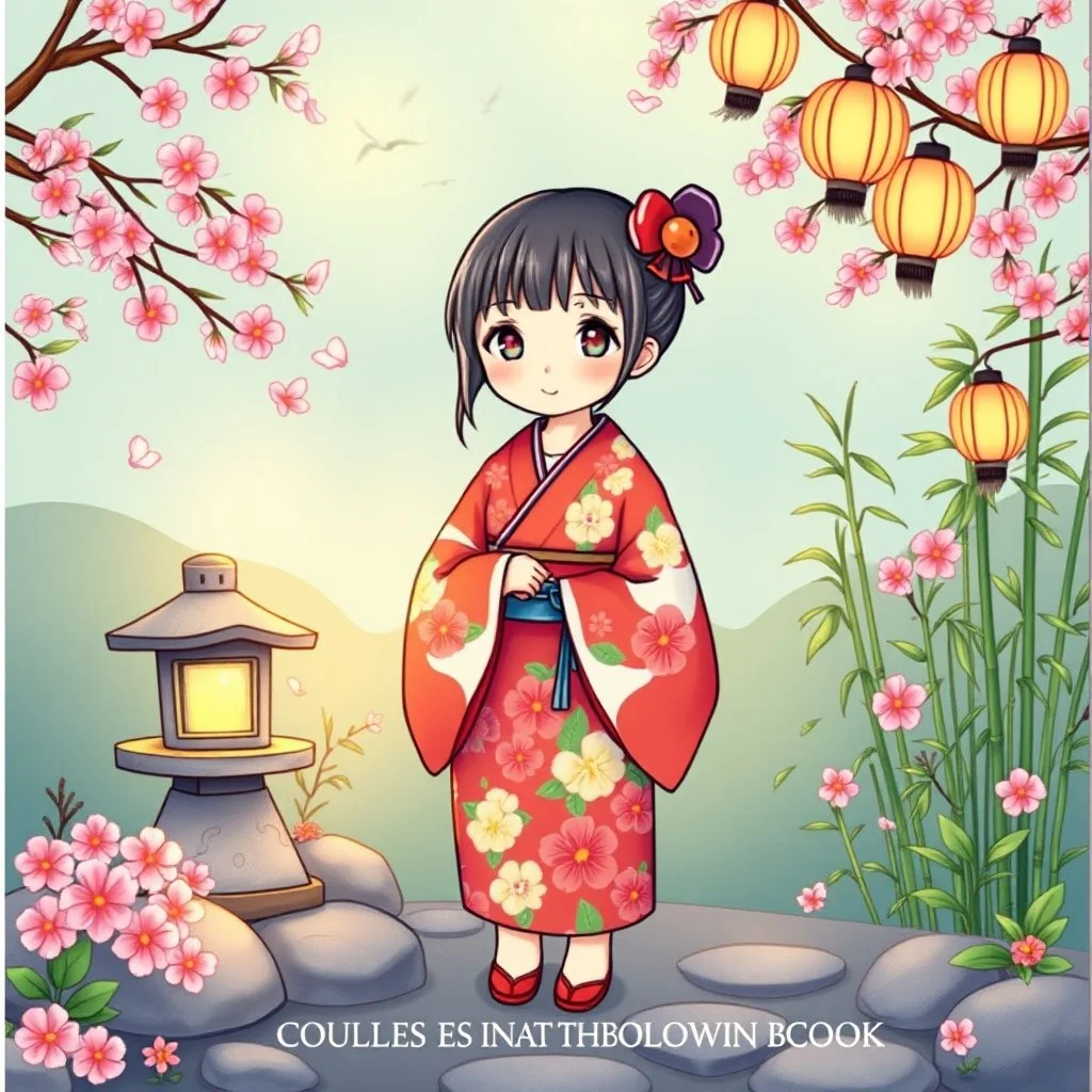 Create a book cover for Cozy Japan Coloring Book featuring a charming Japanese girl in a vibrant, floral yukata as the central figure. She is surrounded by cozy, peaceful elements of traditional Japanese scenery—such as falling cherry blossoms, a small stone lantern, bamboo groves, and paper lanterns softly glowing above her. The setting is tranquil and colorful, evoking a warm, inviting atmosphere of everyday Japanese charm. Illustration in vivid color style with delicate textures, soft lightin