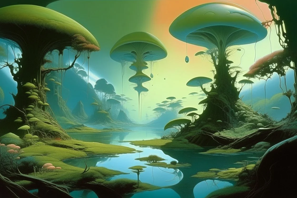 looking out over a lake, in an alien forest, flying mushrooms with jellyfish tenacles formed into gnarled trunks, Roger Dean