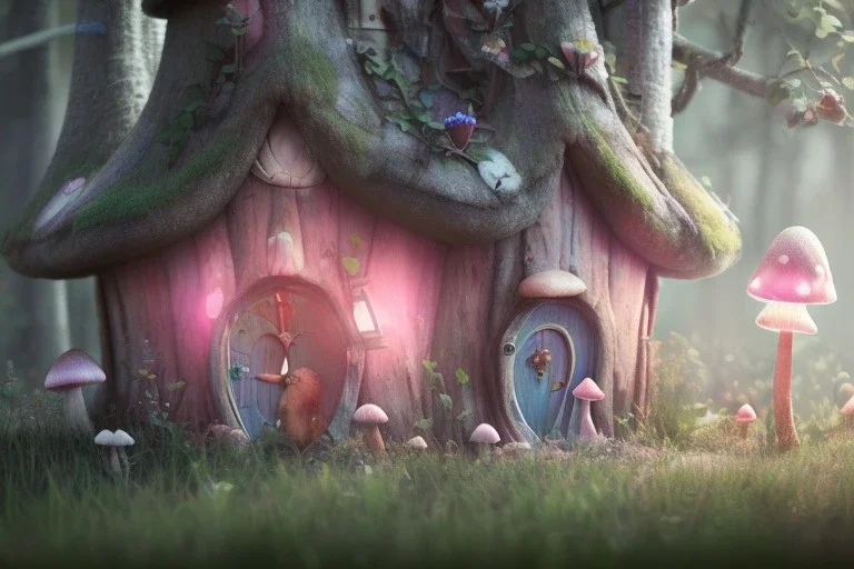 a cute fairy mushroom house pink and blue in the forest, spring time,rabbits, squirrels, flickering light, centered, high-quality, fine-detail, digital art, detailed matte, volumetric lighting, illustration, 3D octane render