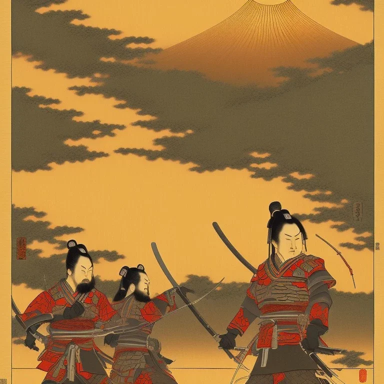 human Samurai Japanese Ukiyo-e, sun in the background, walking in the mountains