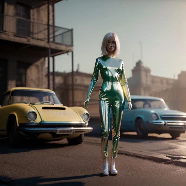 Ultra Realistic retro sci-fi, 1960 year, levitating all cars and a young blonde woman quiet, latex suit, soft color, highly detailed, unreal engine 5, ray tracing, RTX, lumen lighting, ultra detail, volumetric lighting, 3d, finely drawn, high definition, high resolution.