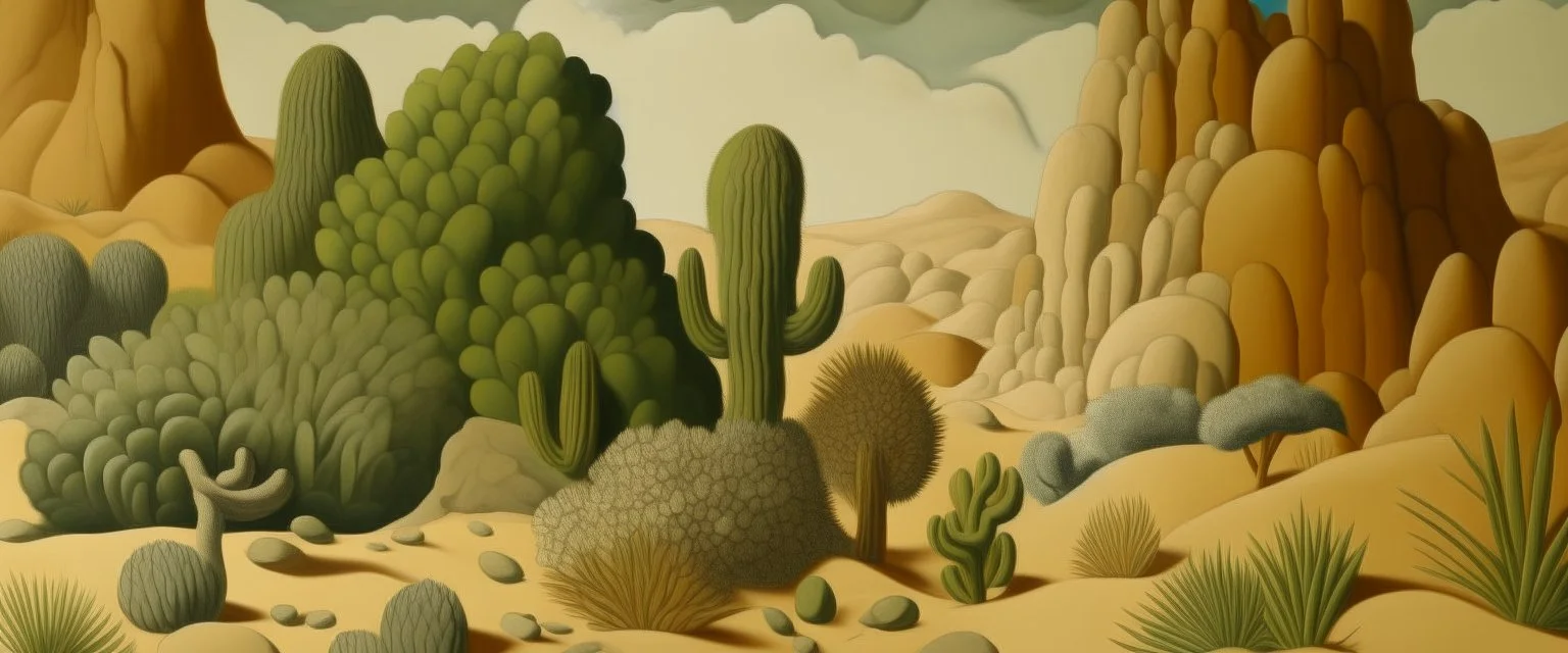 A tan rocky desert made out of clay painted by Henri Rousseau