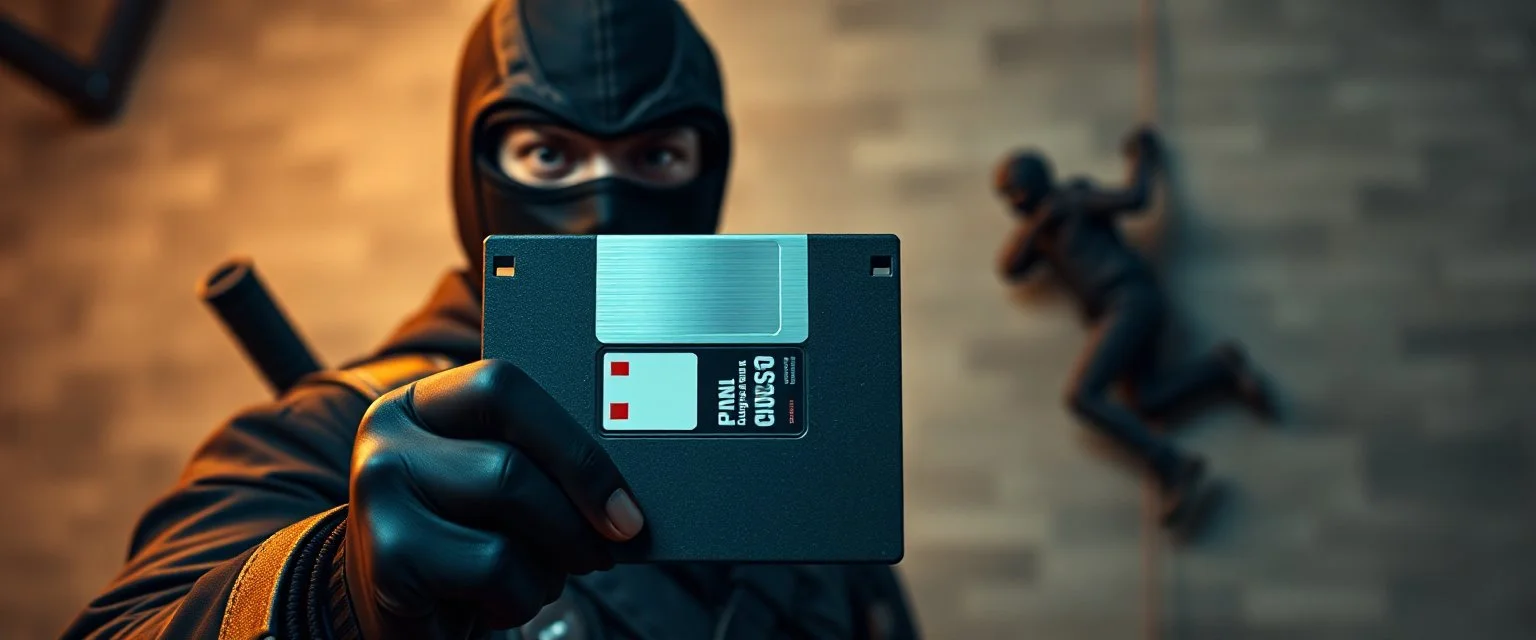 close up on guard holding up a diskette in front of a professional ninja thief climbing a wall during lightening,