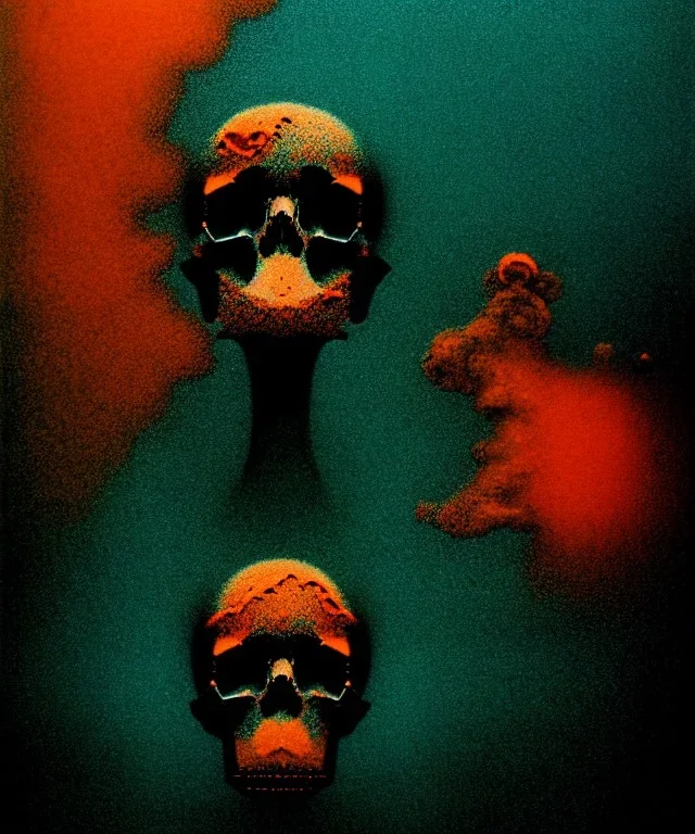 broken realistic skull. black background. smoke and explode. particles in air. teal and orange. abstract. beksinski.