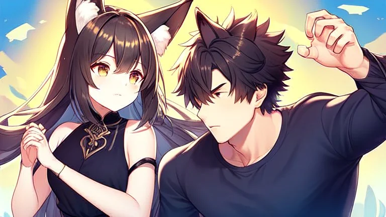 Girl, boy, boy's brown short hair, boy's bunny ears, girls' fox ears, long tails