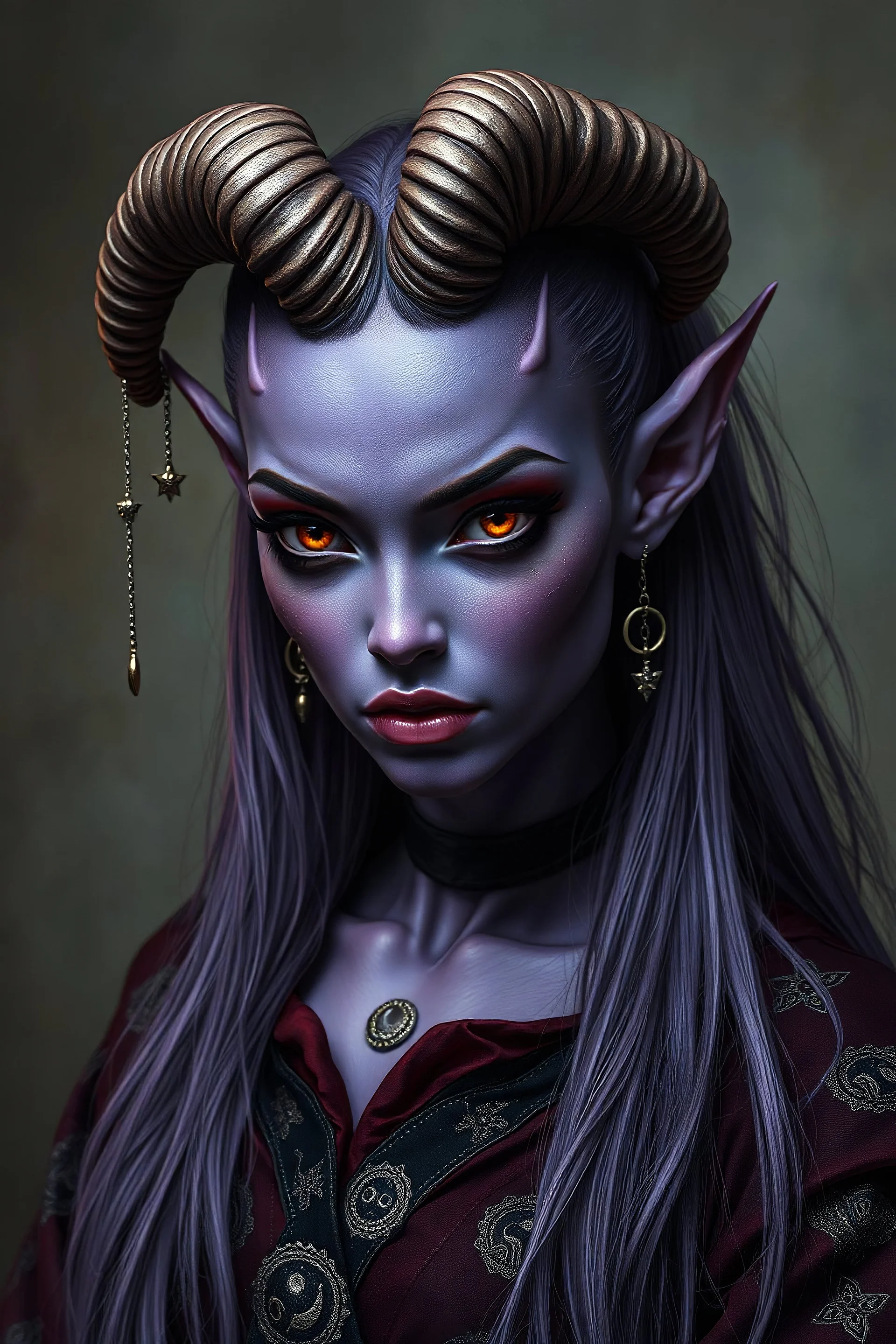 Masterpiece, hyper-realistic, extremely detailed, High-quality, high-resolution, Tiefling, woman, skin is Deep purple, horns Graceful, spiraling horns that curve backward and are adorned with delicate chains of silver and tiny dangling charms shaped like moons and stars, eyes amber no pupils, clothes flowing garments in deep shades of burgundy, black, and silver, embroidered with patterns of masks and stars. hair Long, silken hair in a dark lavender hue