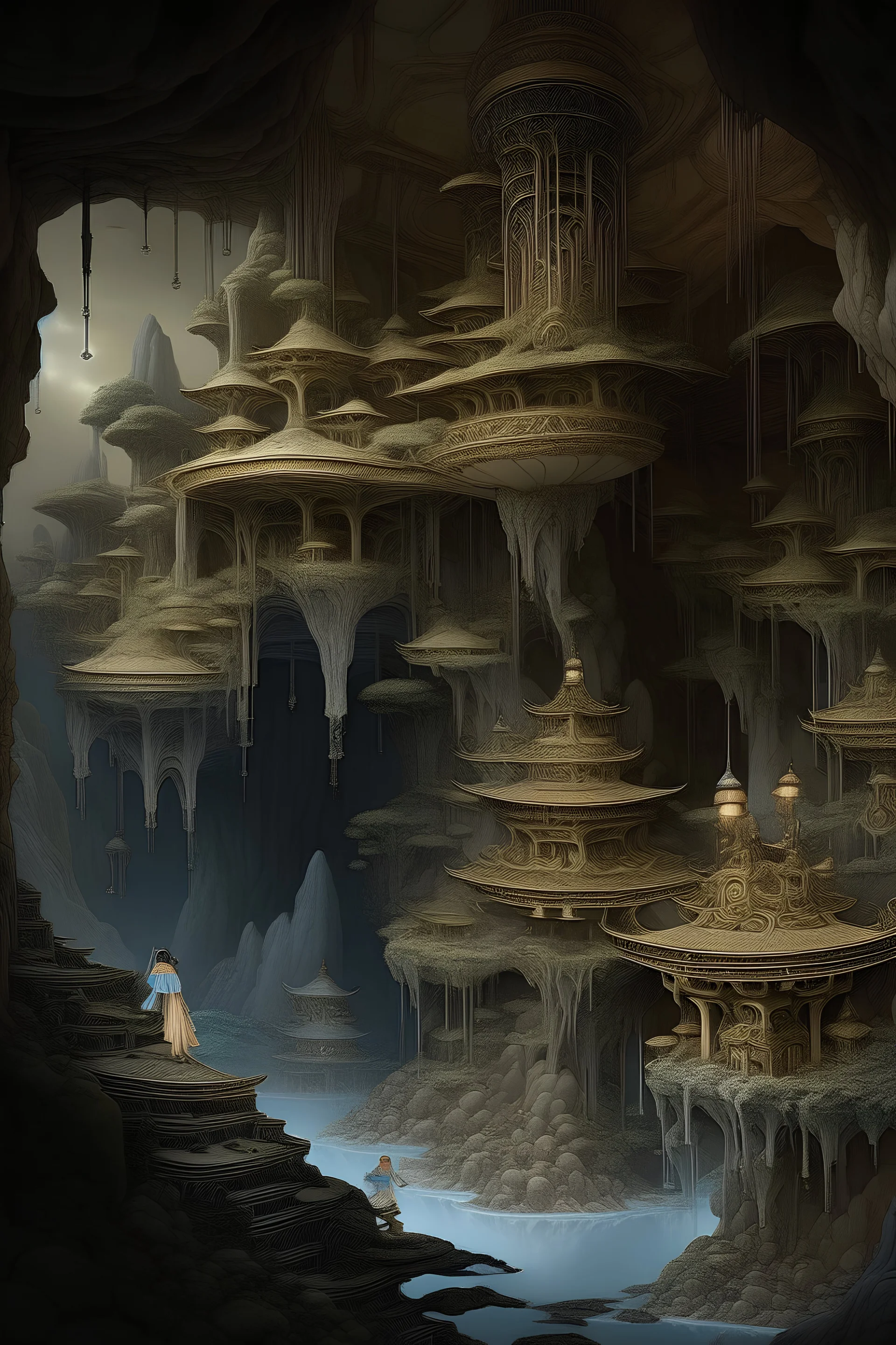 Stephanie Pui-Mun Law, George Barbier, Surreal, mysterious, bizarre, fantastical, fantasy, Sci-fi, Japanese anime, Confucius's aerial acrobatics, design and construction of underground rock caverns, mineral gardens, hyper detailed masterpiece depth of field cinematic lighting