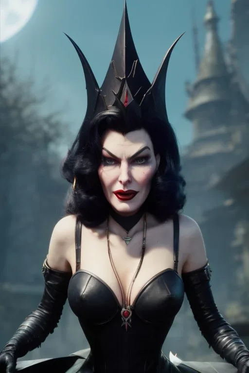 Ava Gardner as evil queen in black leather, busty, cleavage, curvy, angry, stern look. character design by cory loftis, fenghua zhong, ryohei hase, ismail inceoglu and ruan jia. unreal engine 5, artistic lighting, highly detailed, photorealistic, fantasy