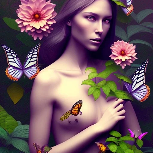 Generates high quality portraits of women covered in various plants, surrounded by forest and butterflies.