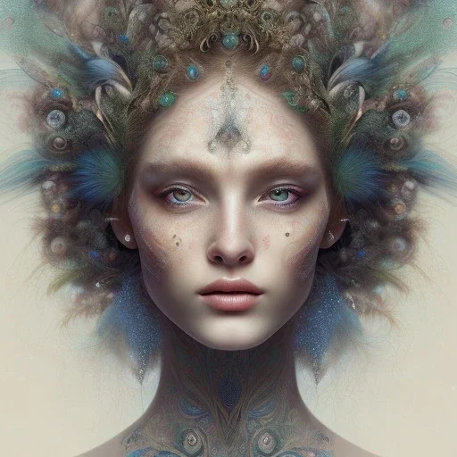 perfect woman portrait , perfect eyes, peacock feathers, face tattoo, curly hair, earrings, nature, plants, wildflower, facepaint, intricate, oil on canvas, masterpiece, expert, insanely detailed, cinematic smooth, intricate detail, soft smooth lighting, painted Renaissance style