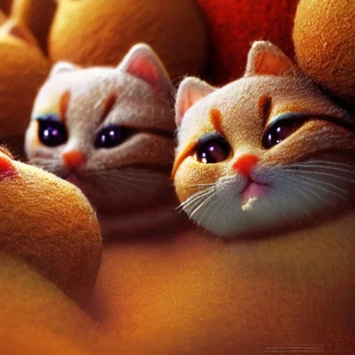 multiple gingerbread kittens, gumdrop eyes, vibrant, ball of yarn, 8k resolution, centered, high-quality, fine-detail, digital art, detailed matte, volumetric lighting, illustration, 3D octane render, brian froud, howard lyon, greg rutowski, George Grie