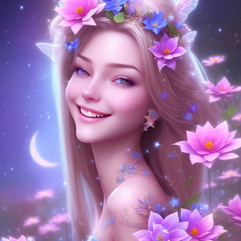 très jolie femme fée souriante , monde en fleurs, rivière , étoiles , concept art, crépuscule , bleu , vibrant Color, réaliste