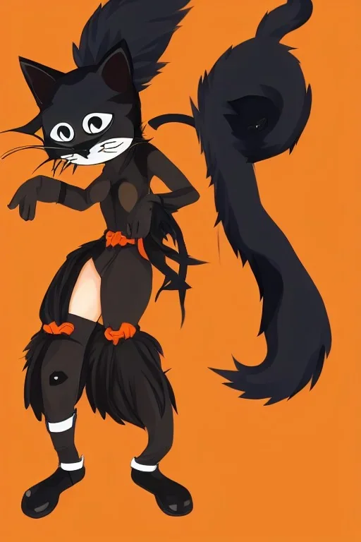 cat 2d, ninja, black fur,full body, orange torn coat,game character, strong, anime, chibi