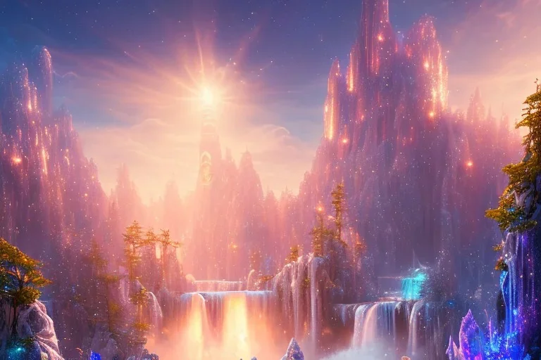  white and gold crystal cosmic ambiance，waterfall, full of details, smooth, bright sunshine，soft light atmosphere, light effect，vaporwave colorful, concept art, smooth, extremely sharp detail, finely tuned detail, ultra high definition, 8 k, unreal engine 5, ultra sharp focus