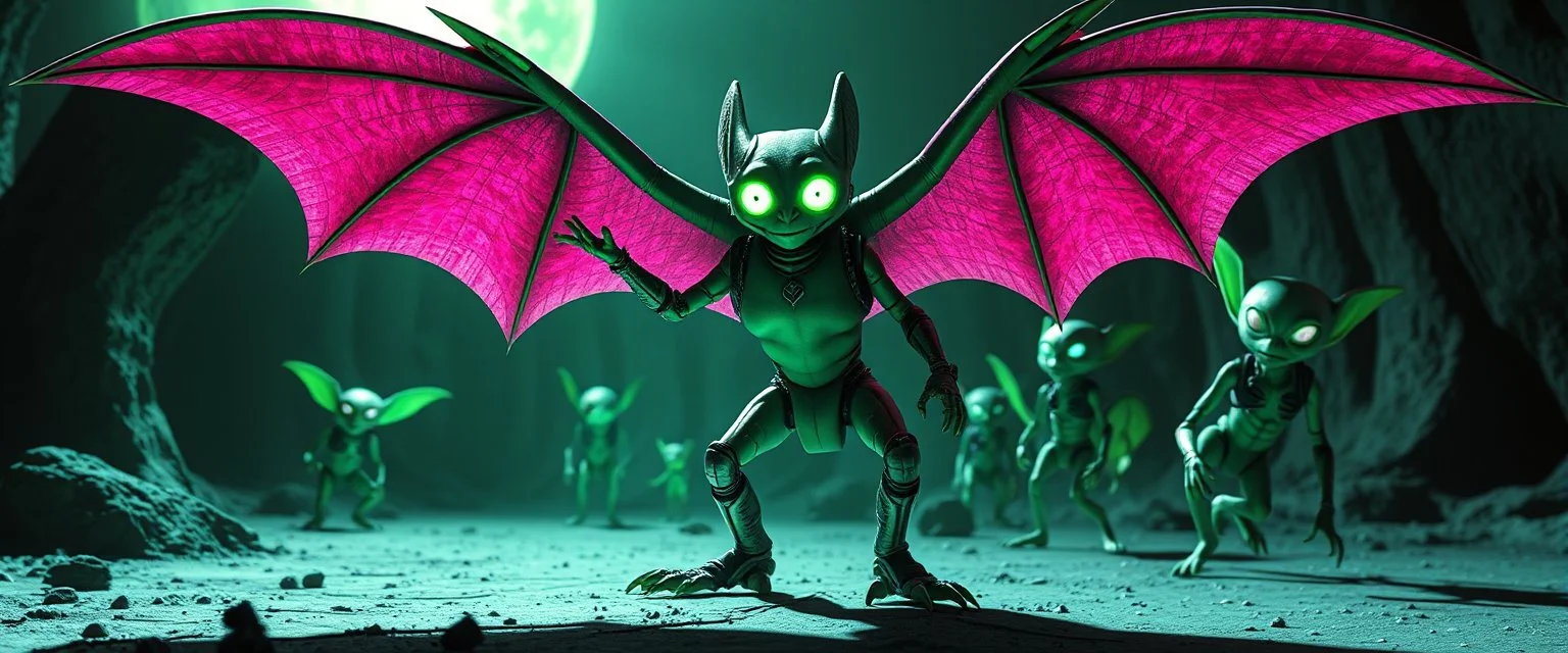 A robot bat named Dave started doing the splits, Blew a fuse in his hips and short-circuited his bits, The Martian fluffy gremlins went wild, the Plutonians dogs screamed, Even black-and-white aliens turned ultraviolet green! in the style of fallout 4 and HR Giger
