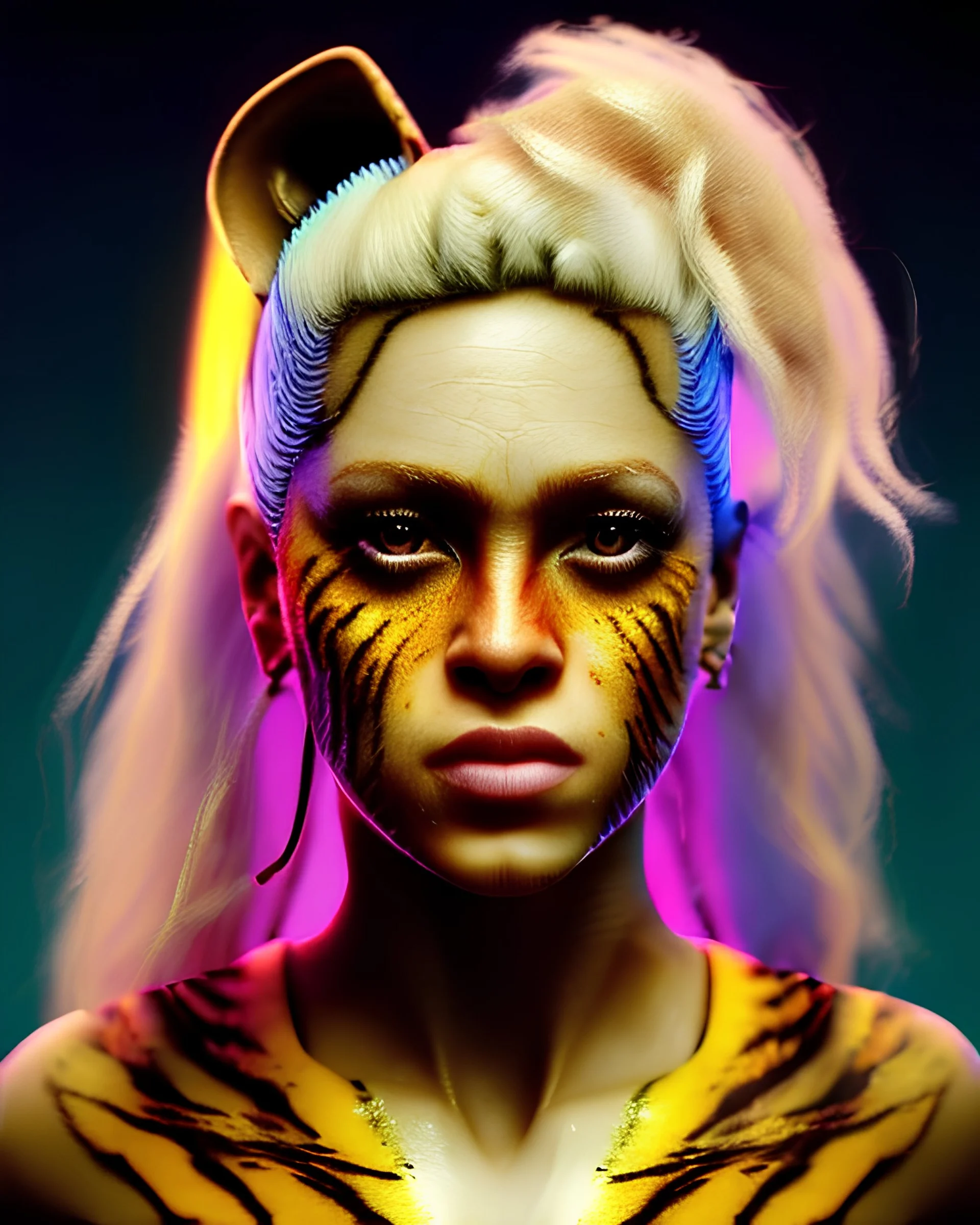 portrait, Shakira, blonde artist, angry, Realistic image, MMA robe, hoodie, mouthguard, nose, band aid, loose long hair, eyes make up, line gold make up, glow, circle iris. Tiger texture, Rain, fog, Neon colors, leds. Dark background, photo studio, neon lights. concept art, smooth, unreal engine 5, god lights, ray tracing, RTX, lumen lighting, ultra detail, volumetric lighting, 3d, finely drawn, high definition, 4k.