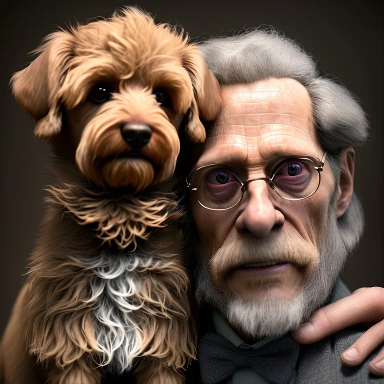 Portrait of an aristocratic old man holding a toy poodle in his arms, he looks like Willem dafoe, 8k, HD, cinematography, photorealistic, Cinematic, Color Grading, Ultra-Wide Angle, Depth of Field, hyper-detailed, beautifully color-coded, insane details, intricate details, beautifully color graded, Cinematic, Color Grading, Editorial Photography, Depth of Field, DOF, Tilt Blur, White Balance, 32k, Super-Resolution, Megapixel, ProPhoto RGB, VR, Halfrear Lighting, Backlight, Na