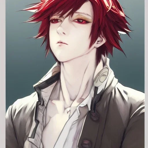 Detailed anime boy, crimson red hair, wolf ears, white trench coat, intricate details, full body portrait, keep head in frame, slight smile, black Japanese motif, concept art, highly detailed, digital painting, concept art, sharp focus, illustration, art by Yoji Shinkawa, WLOP and greg rutkowski and alphonse mucha and artgerm and yanjun Chen and Junji ito and Makoto Shinkai, HDR, octane render