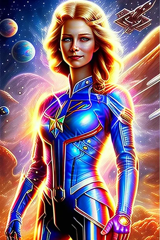 cosmic woman smile, admiral from the future, one fine whole face, crystalline skin, expressive blue eyes,rainbow, smiling lips, very nice smile, costume pleiadian, Beautiful tall woman pleiadian Galactic commander, ship, perfect datailed golden galactic suit, high rank, long blond hair, hand whit five perfect detailed finger, amazing big blue eyes, smilling mouth, high drfinition lips, cosmic happiness, bright colors, blue, pink, gold, jewels, realist, high commander