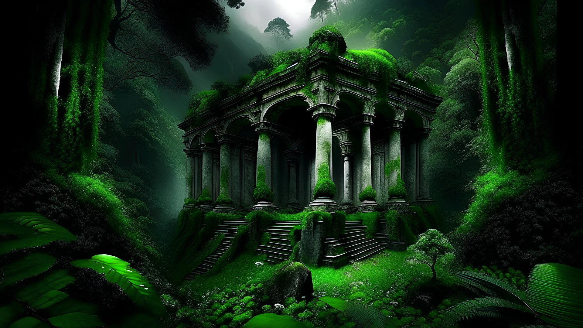 the embrace of the green My With dreams. In the garden my mind bows . The antic collonades palace in the midst in the jungle , A rocky mountain where a large waterfall falls from the sky. space color is black , where you can see the fire and smell the smoke, galaxy, space, ethereal space, panorama. With the songs of dawn and the sadness of sleep Every leaf - that trembles in the embrace of the green My With dreams, An otherworldly planet,