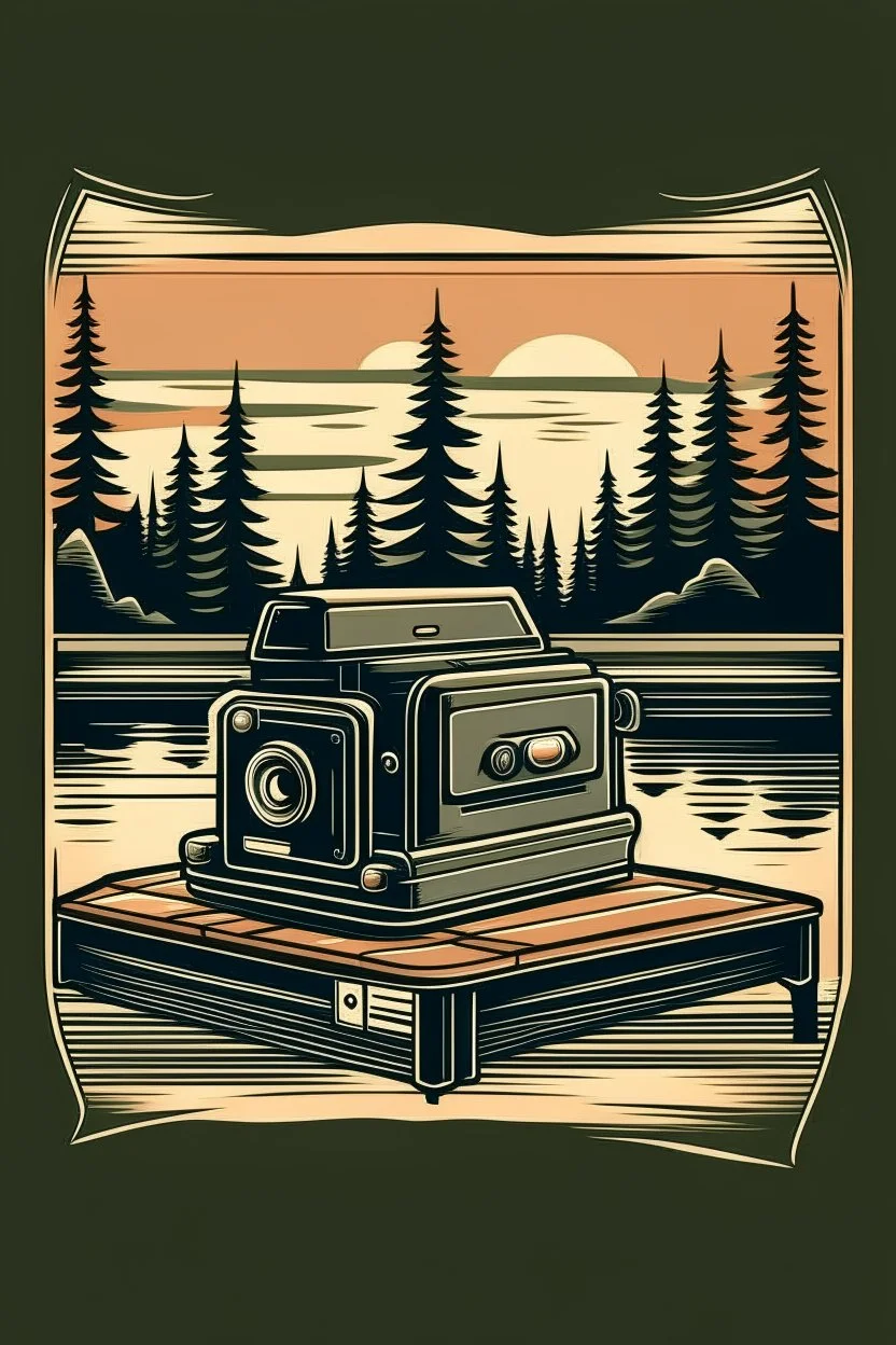 A classic Polaroid camera rests open on a wooden dock, overlooking a misty lake at dawn. AND WORDS\" ZOOM _NATURE \"IN WHIT LETTERS.THE BACK. Lush pine trees line the shore, with a lone loon calling out in the distance. Style: Vintage, Mood: Tranquil, Lighting: Soft, cool morning light, T-shirt design graphic, vector, contour, white background.