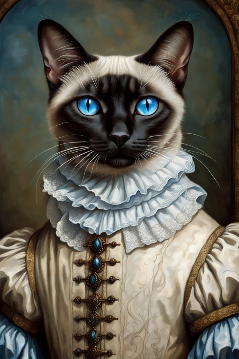 Renaissance Portrait of a Siamese cat wearing classic mediveal outfit, oil painting texture, piercing blue eyes