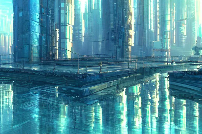 Sunny day, cyberpunk buildings, water reflections, sci-fi, concept art, tendency to impressionism, realistic painting