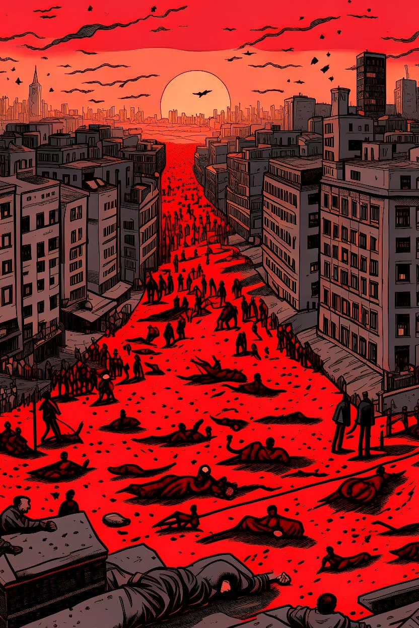 a big City, red and black figure appears in the sky with many dead bodies of children on the ground