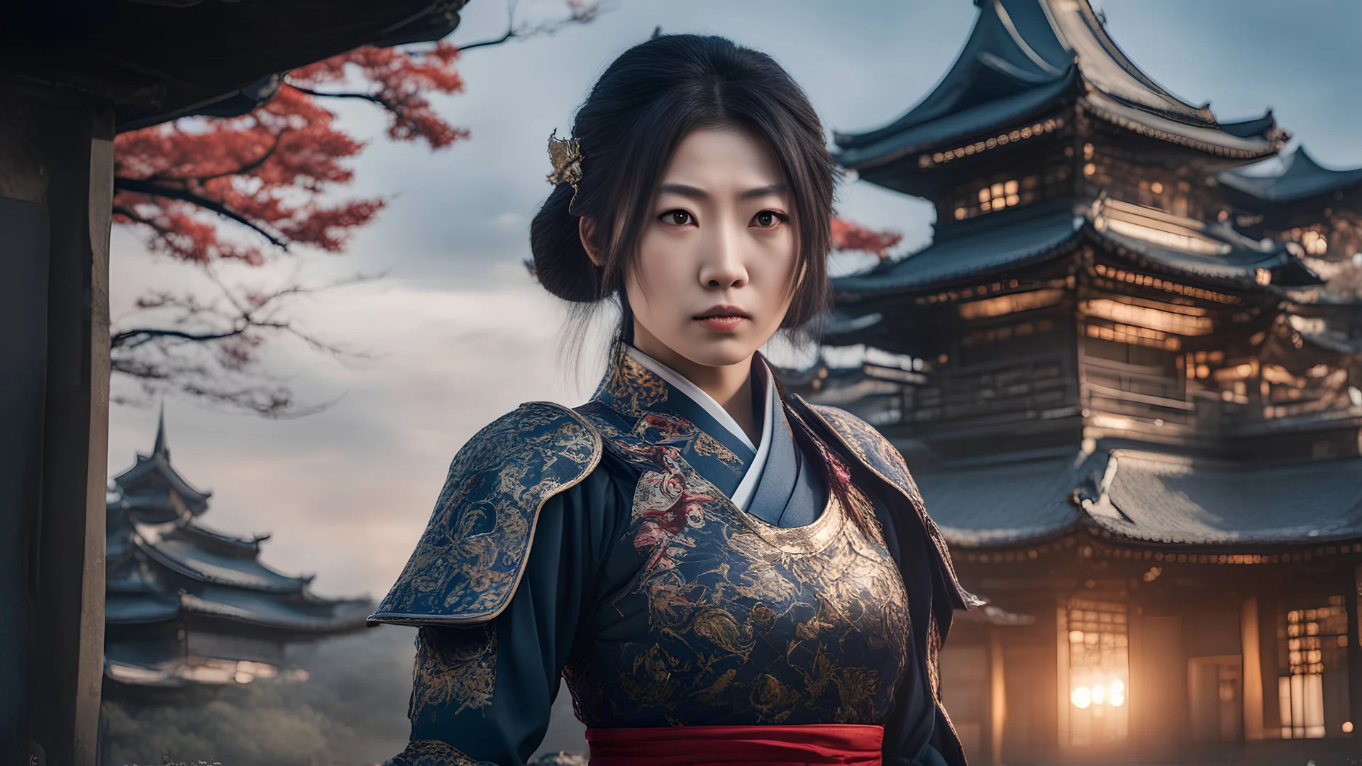 Poster de Jeu vidéo Une héroïne japonaise d'une beauté envoûtante se tient devant un château hanté, son regard empreint de détermination. Vêtue d'une armure élégante aux motifs traditionnels, elle semble prête à affronter les défis qui l'attendent. Des feuilles d'automne tourbillonnent autour d'elle, ajoutant une touche de mystère à l'atmosphère.