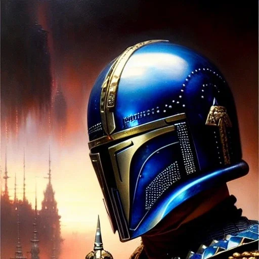 Jango Fett helmet, ancient metal helmet ,painting by gaston bussiere, greg rutkowski, yoji shinkawa, yoshitaka amano, tsutomu nihei, donato giancola, tim hildebrandt, cinematic composition, extreme detail,fit full head inside picture, soft and smooth colors