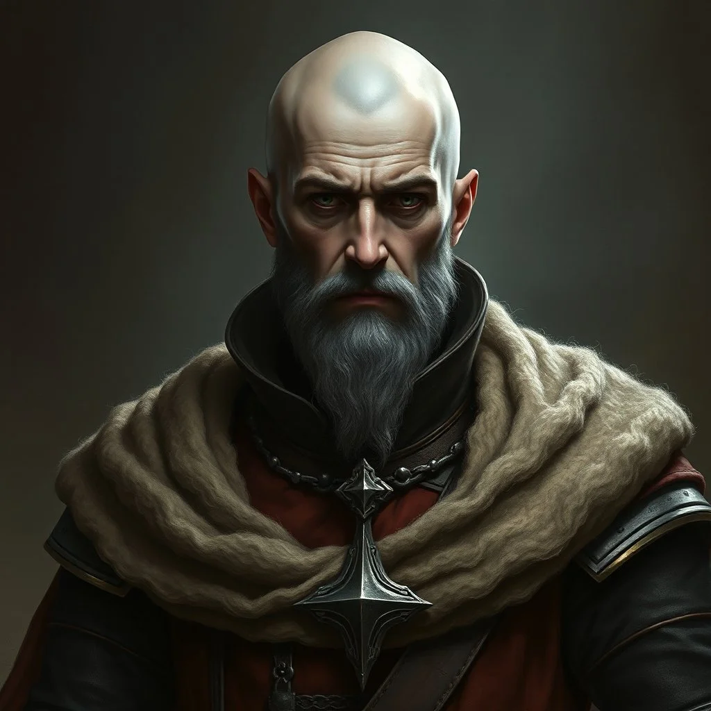 A bald greyskinned noble with a renaissance coat fantasy grimdark realistic