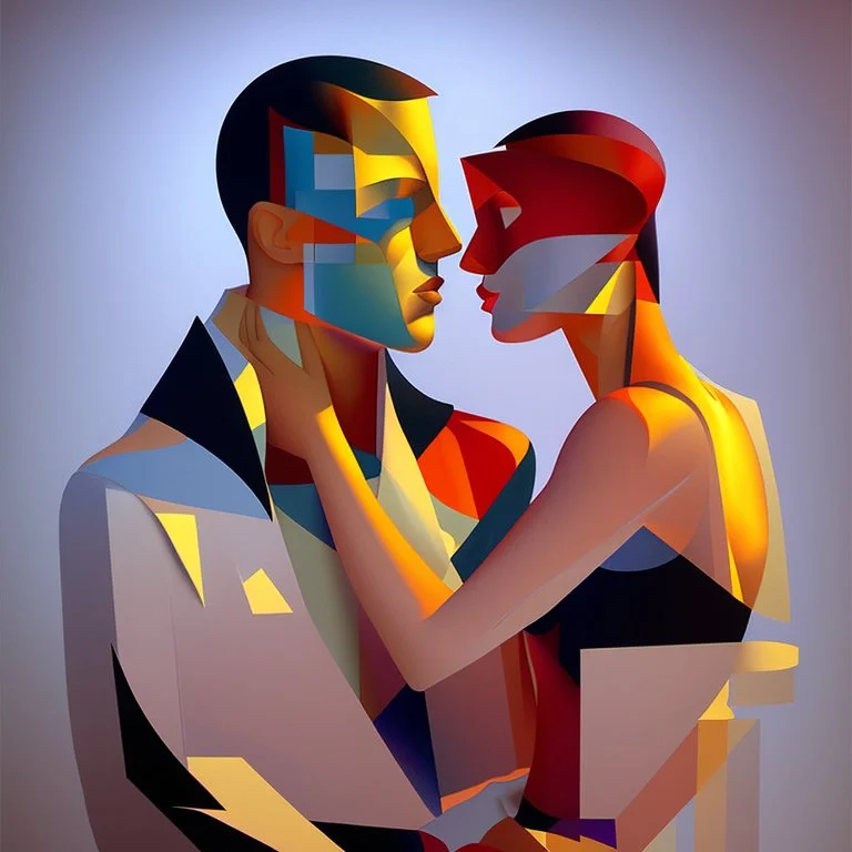 a painting of a man and a woman, a cubist painting by Keith Mallett, cg society, figurative art, cubism, fauvism, art