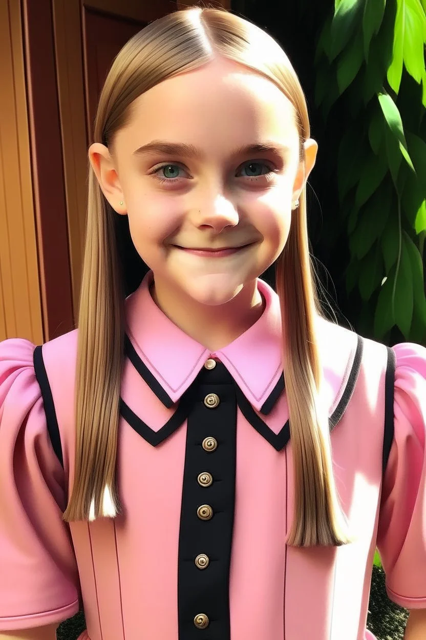 wednesday addams pink dress blonde hair and smiling