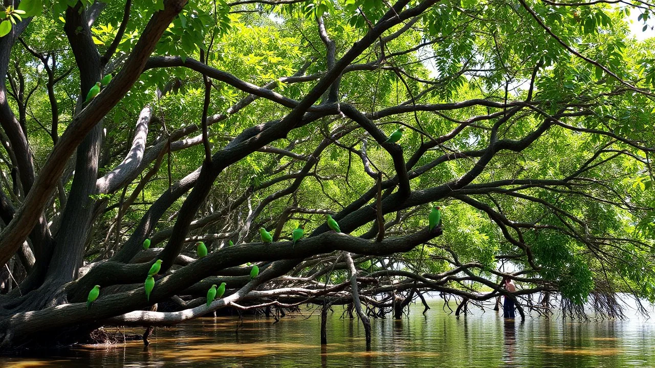 Later that day we walked to church under mangroves swarmed with the bright green fluster of wild parakeets.