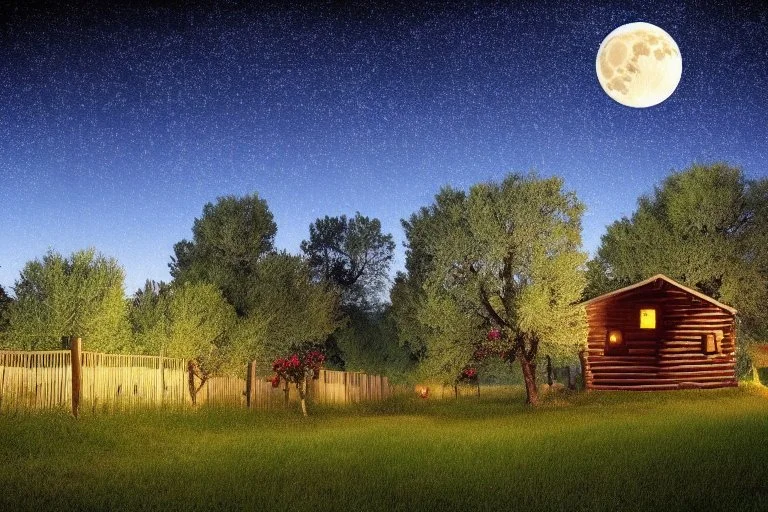 Dry trees, night, full moon, cabin, yard with flowers, fence, background pc