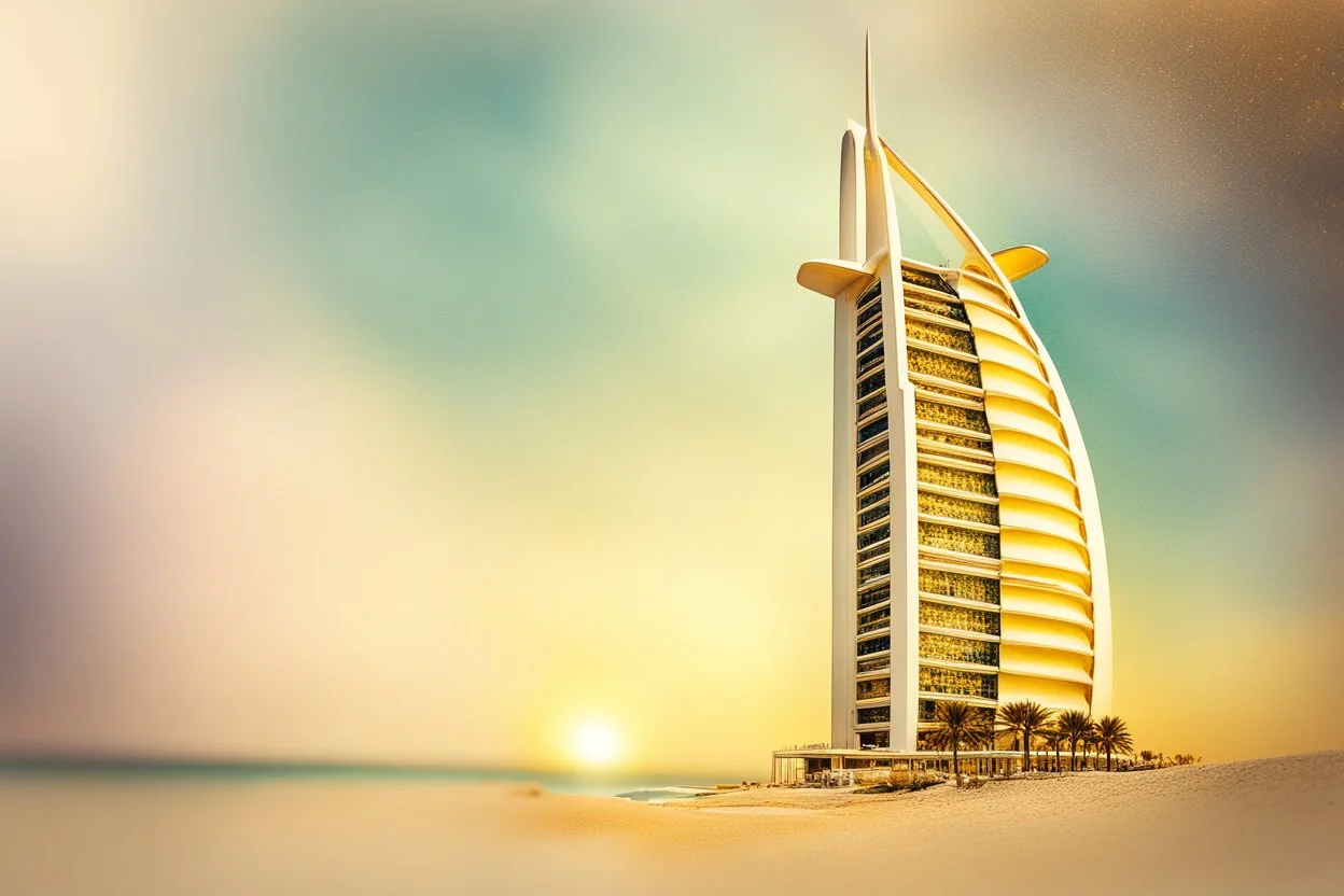 Burj al arab, made of daisy flowers in the sand in the sunshine, watercolor and black ink outlines, sparkling golden glitter, ethereal, cinematic postprocessing, bokeh, dof