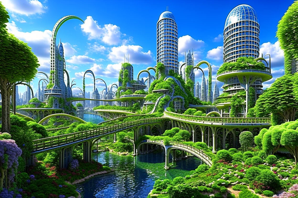 A futuristic alien city, with balconies, verandas, many arches, bridges, spires, paths, trees, dense foliage, Spanish moss, ivy, river, blue sky, white clouds