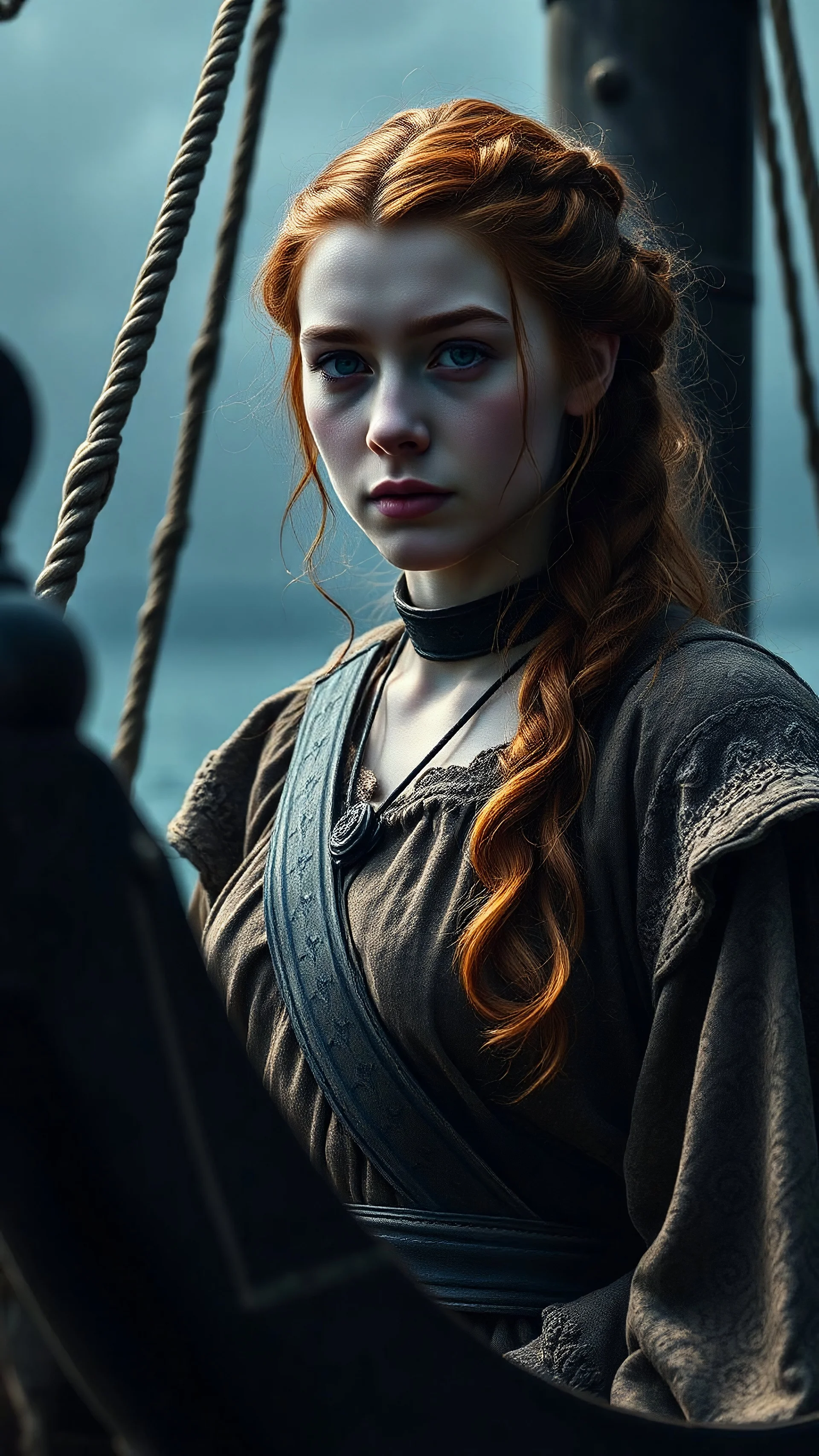 Aboaord old ship made of wood in the dark age century full body portrait, dynamic lighting, hyper-detailed, intricately detailed, deep shadow, advance shade, real digital art, hyper-realism, 8k resolution, beautifully shot, hyper realistic,perfect cinematic atmospheric adventure,moody, filmic, Turner as Sansa Stark, age 24, Maisie Williams in epic fantasy epic Game Of Thrones series as "Arya Stark" ginger hair long hairstyles, she's ready to sail on that ship, V-RAPTOR XL 8K RED