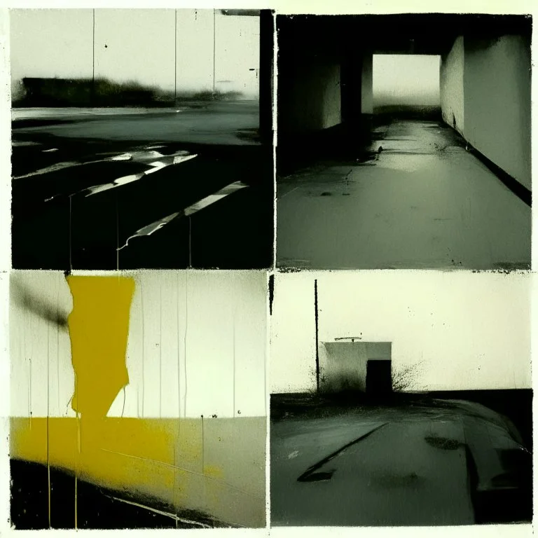 Minimal abstract oil painting in a desolate 1960s carpark concrete fragments and road markings. Broken pipes. Blurry outlines. In the style of Justin Mortimer and Francis Bacon. Muted yellows.