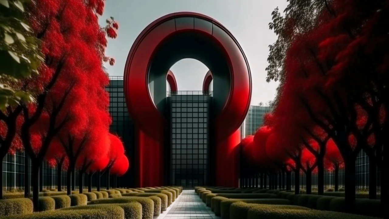 Modern architecture with a cylindrical building featuring circular windows of various sizes, surrounded by red foliage with a clear view of the moon and other buildings in the background.