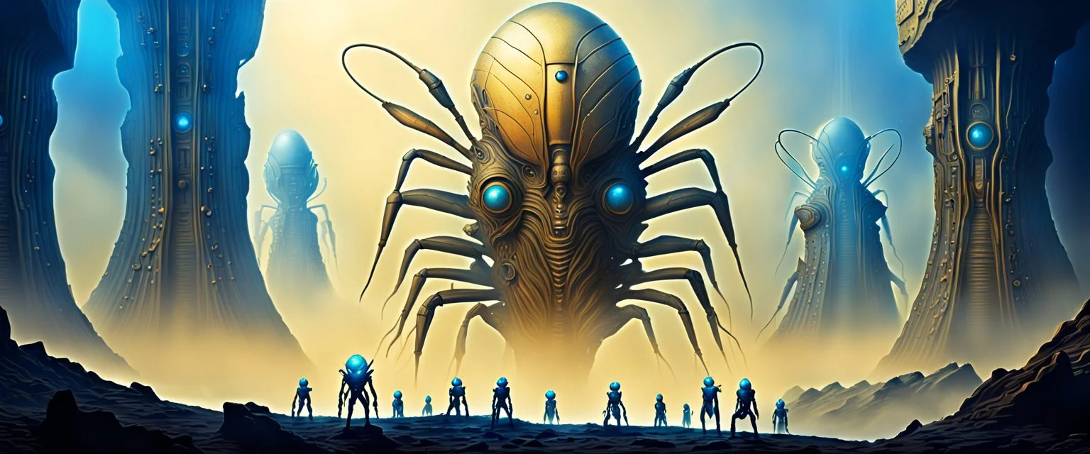Towering insectoid civilization carved into metallic cliffs, glowing hive structures, synchronized ant-humanoids standing in formation, golden mist and blue fog, massive scale, sci-fi colony superstructure, airbrush fantasy poster, alien grandeur
