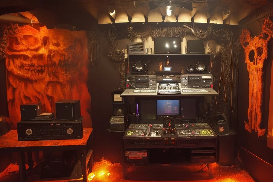 DJ of the damnded, insanely detailed DJ booth in hell, MID set, speakers and equipment made of bone, anatomically correct,