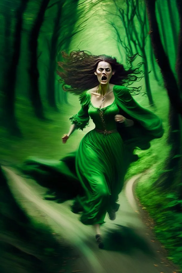 a beautiful woman, in a green velvet dress with a sheath, running down a wooded road, while death chases her and tries to suck her into hell