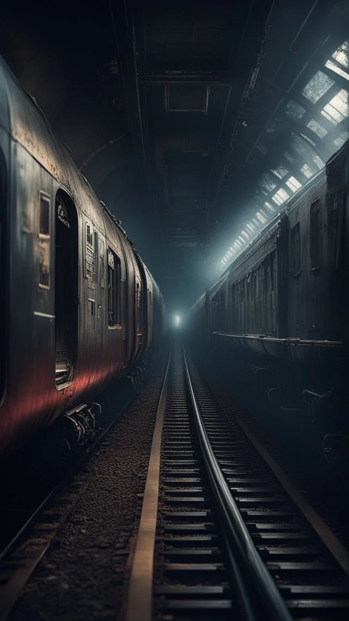 Shi Fi, a train coming out a tunnel station atmospheric lighting effects, intricate industrial details, moody atmosphere, eerie grimdark ambiance, complex motherboard accents, speculative fiction art. Bokeh