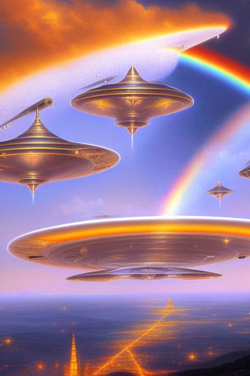 Very beautiful ufo, futurist, intergalactic, mother ship, ashtar command, interdimensionnal, rainbow