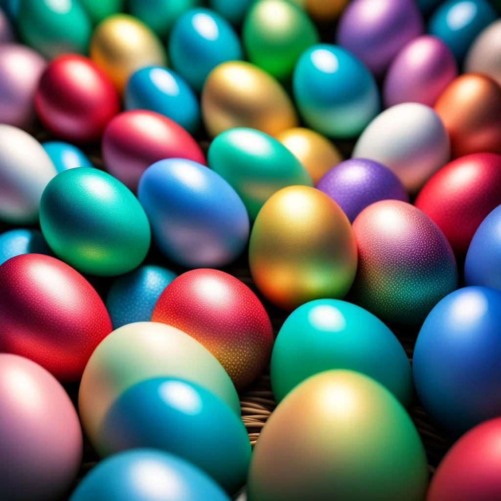 digital photograph of off-center modern basket colorful Easter eggs. eggs display intricate textures in azure, emerald, blush,red, crimson,gold, sapphire,metallic cinematic HDR backlighting highlights subtle dimples and glossy reflections, with shallow depth of field softening the sunlit background. hyperrealistic 8k resolution,